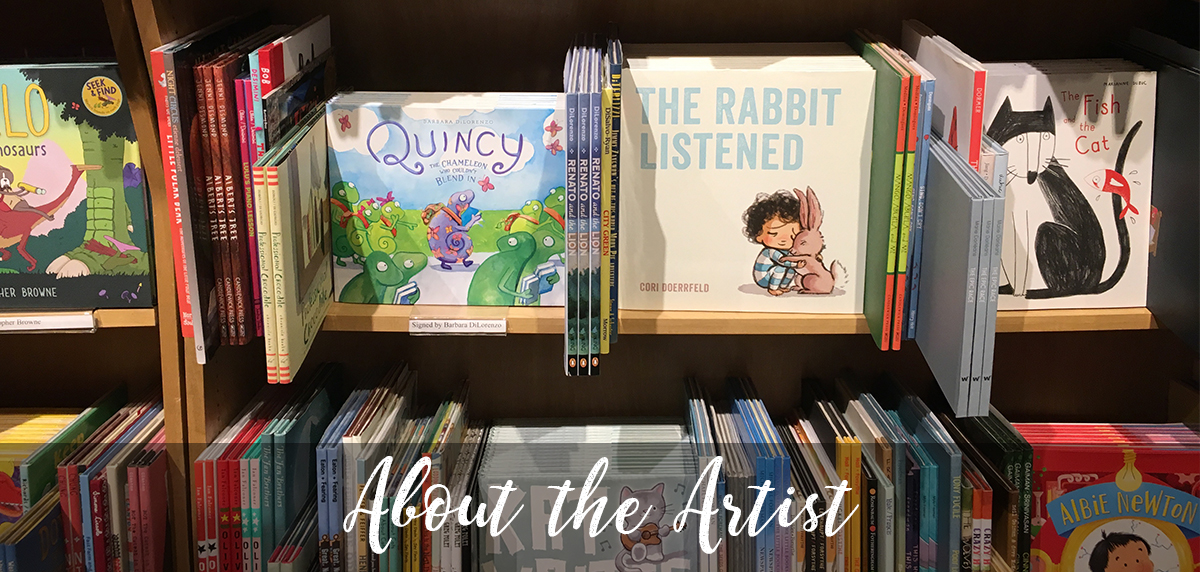 About the Artist - a photo of Quincy the Chameleon on a Barnes and Noble Bookshelf